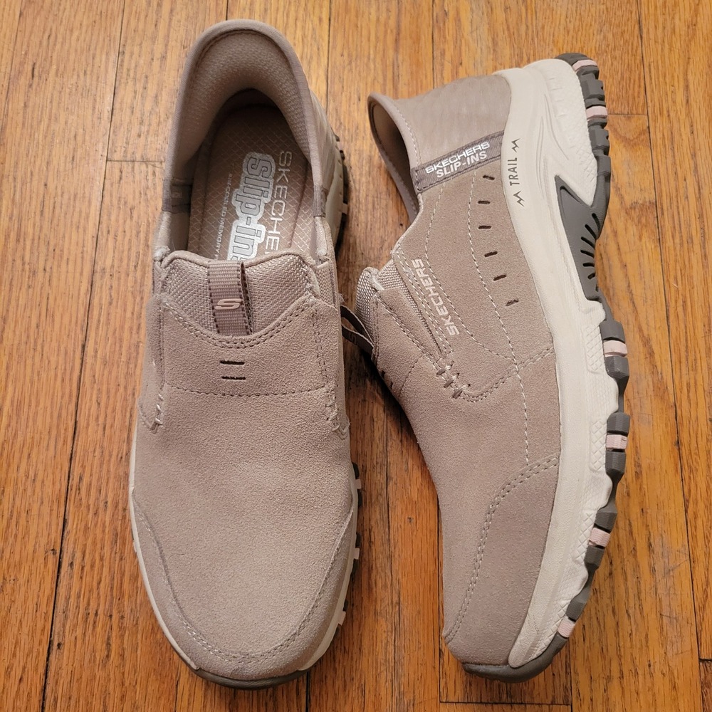 Skechers 8 Slip-Ins Sneaker Taupe Leather Suede Hands Free Hillcrest Sunapee